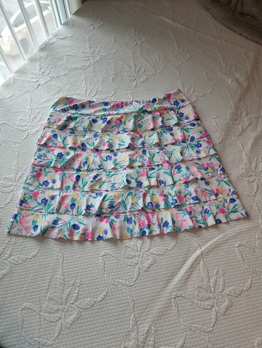 Lulu-B Floral Tiered Ruffle Mini Skirt — White with Pink, Blue & Green Accents